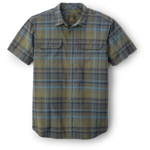 Prana Cayman Plaid Button Up Shirt Short Sleeve Chest Pockets Green Blue Small